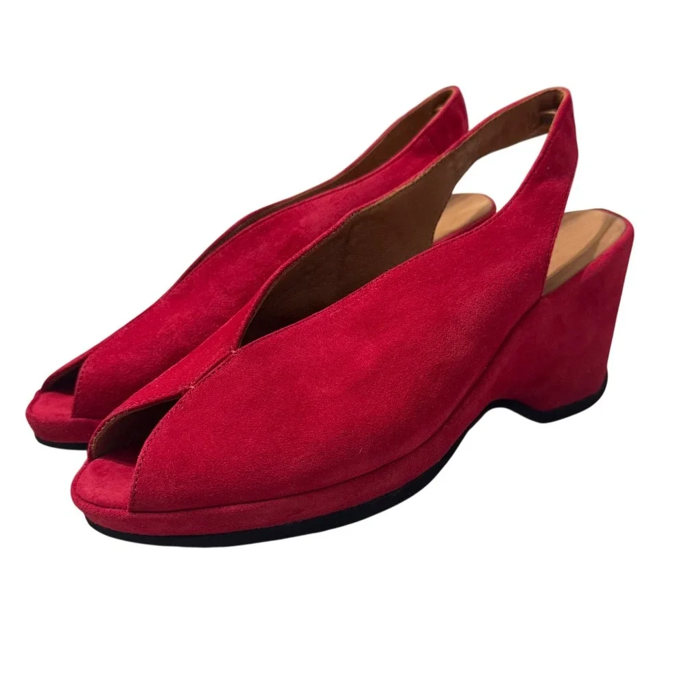 L'Amour Des Pieds Odetta Wedge Sandals Womens 6.5 Red Excellent Suede Slingback